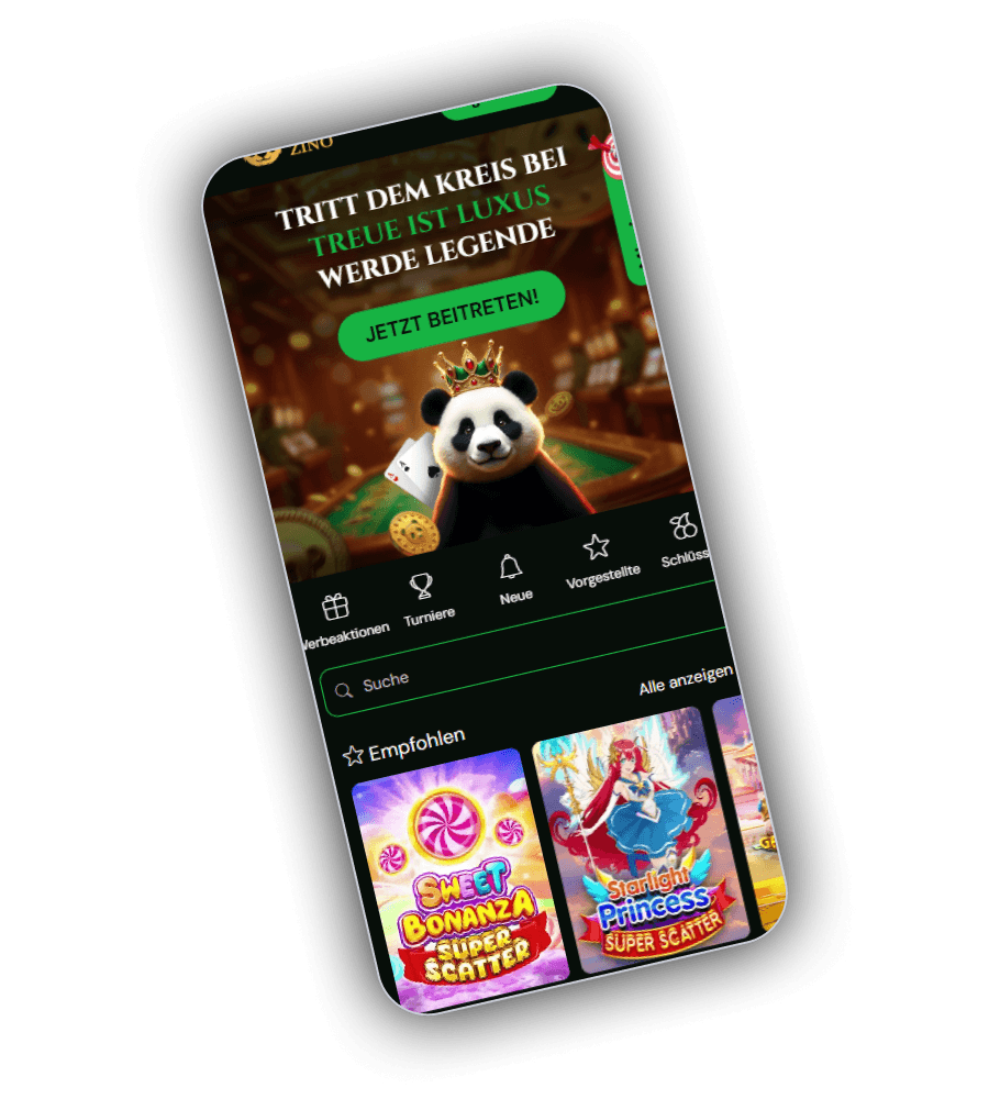 Pandazino lobby with the crowned panda mascot and featured slots