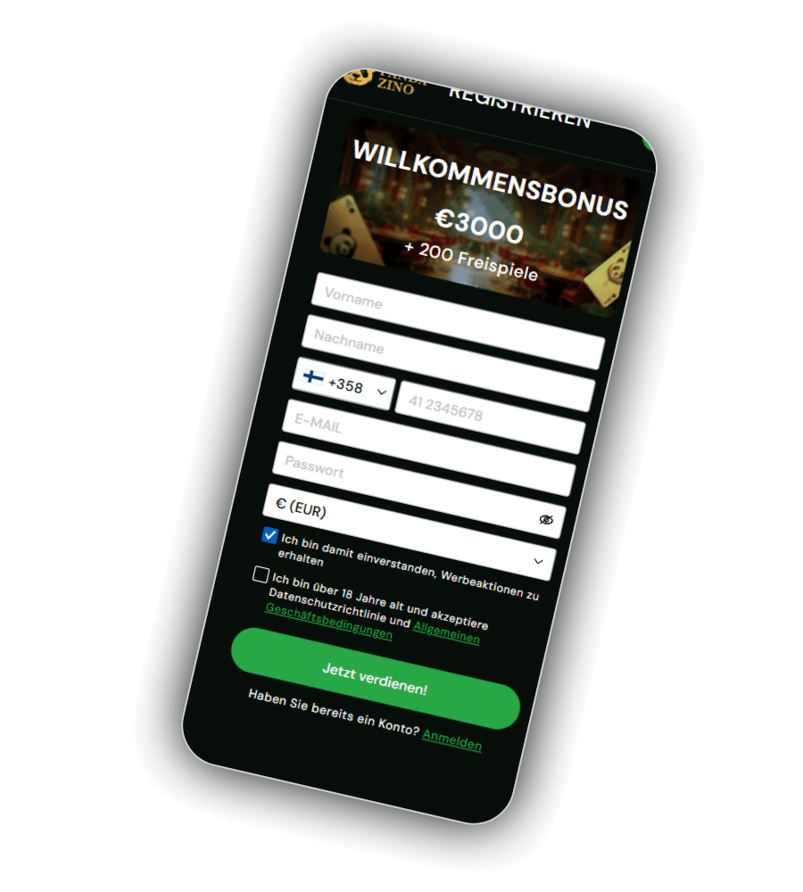 Pandazino registration and login form